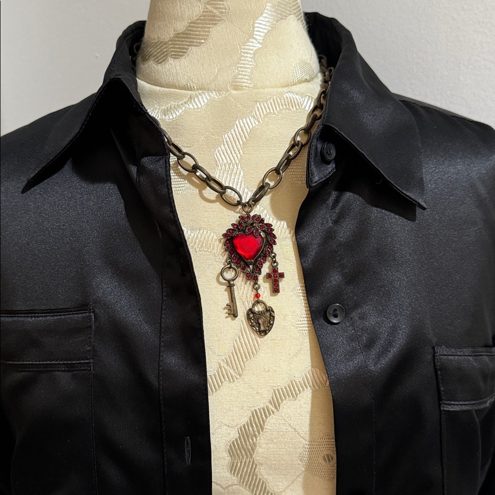 Necklace Swarovski Crystals Red Heart Cross Lock Key Brassy Gold with Extender